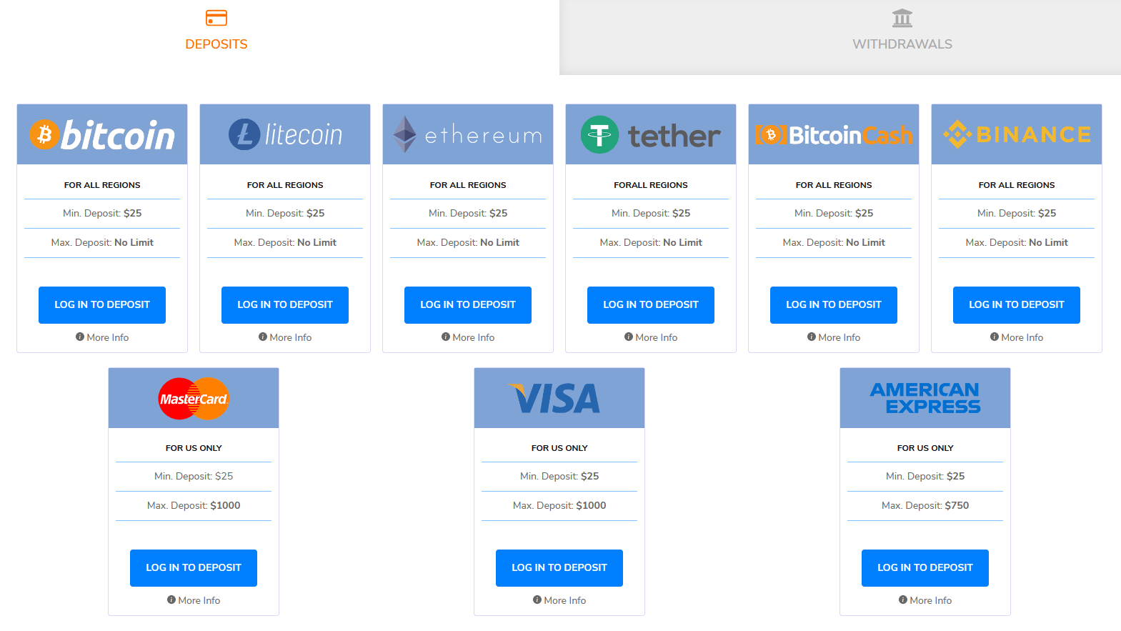 JacksPay Casino Deposit Methods - Bitcoin, Litecoin, Ethereum, Tether, Bitcoin Cash, Binance, Mastercard, Visa, American Express