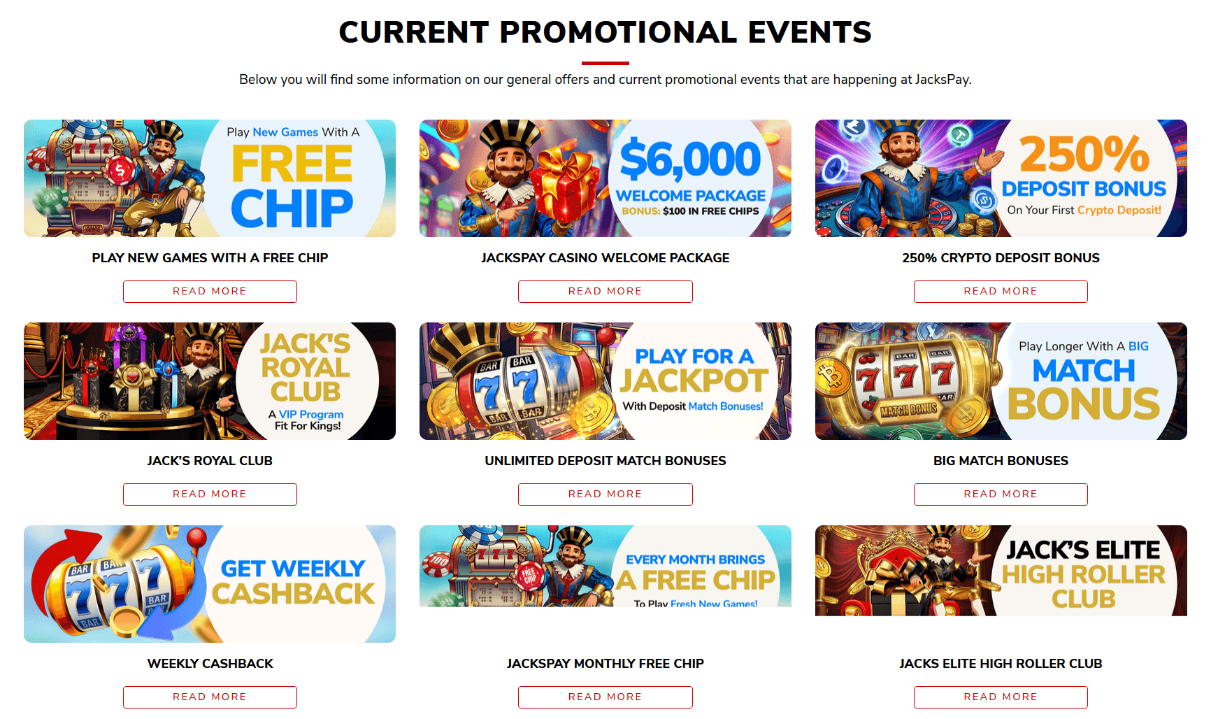 JacksPay Casino Current Promotional Events - Free Chips, Welcome Package, Crypto Bonus, VIP Club, Match Bonuses, Cashback
